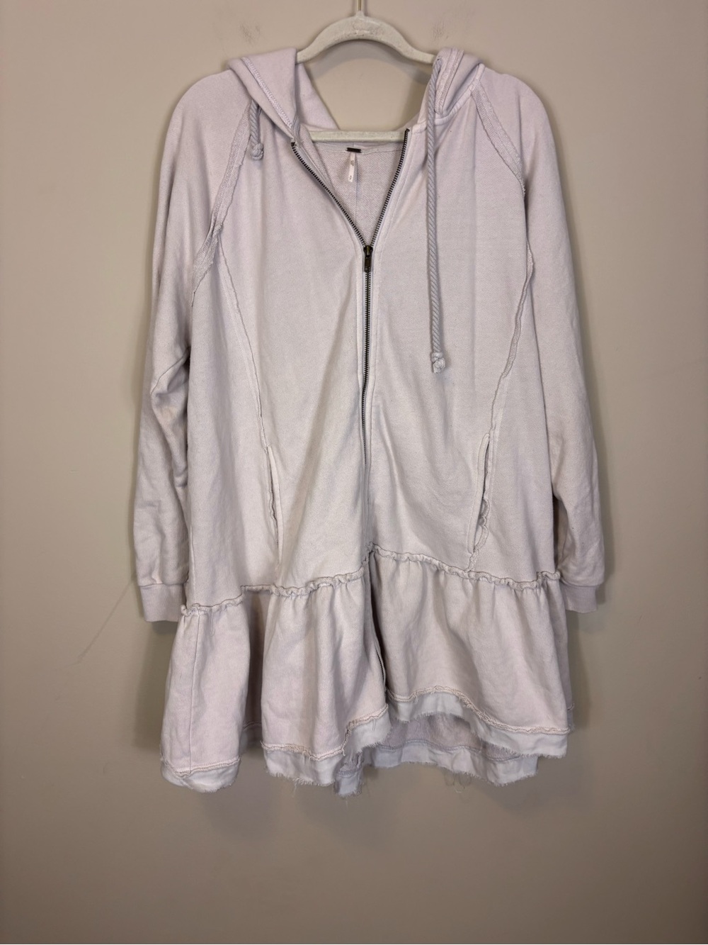 Free People Pale Cream Zip Hooded Peplum Sweatshirt Dress Size Small